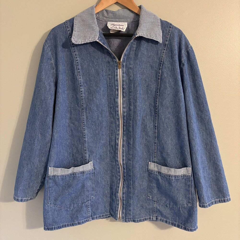 VTG Denim Jean Jacket Size Large Made in USA Plaid Collar 90’s Coastal Grandma